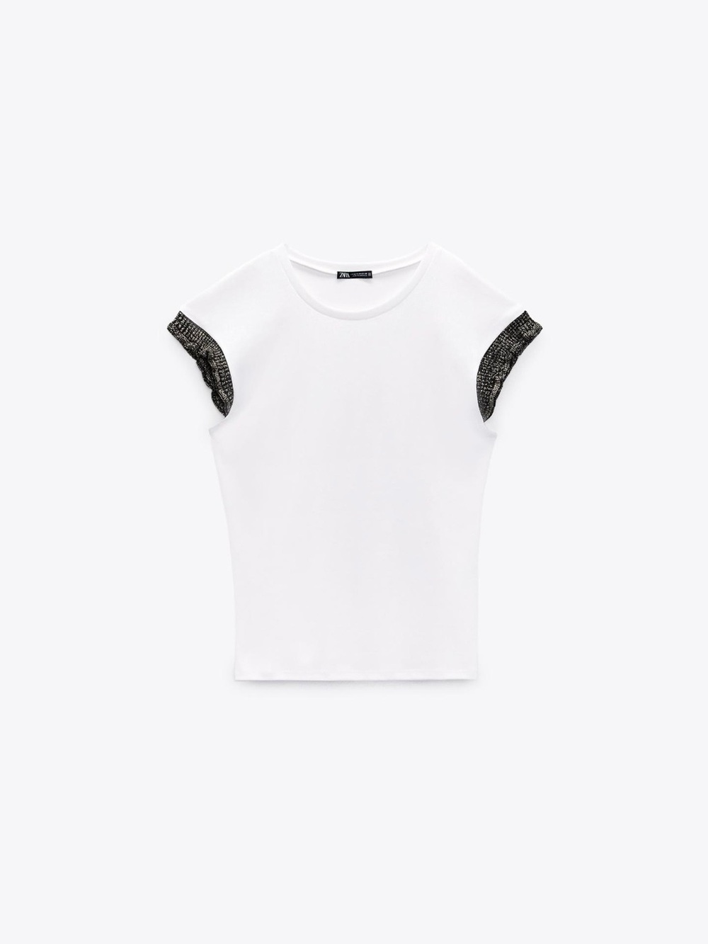 White trimmed T-shirt with Black Crochet Sleeve Detail